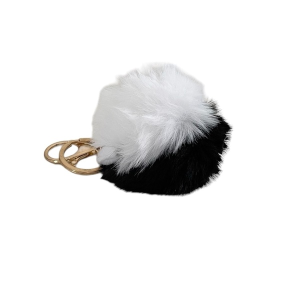 Black & White Character Fluffy Pom Pom Keychain Accessory with Purple Heart Eyes - Picture 6 of 12